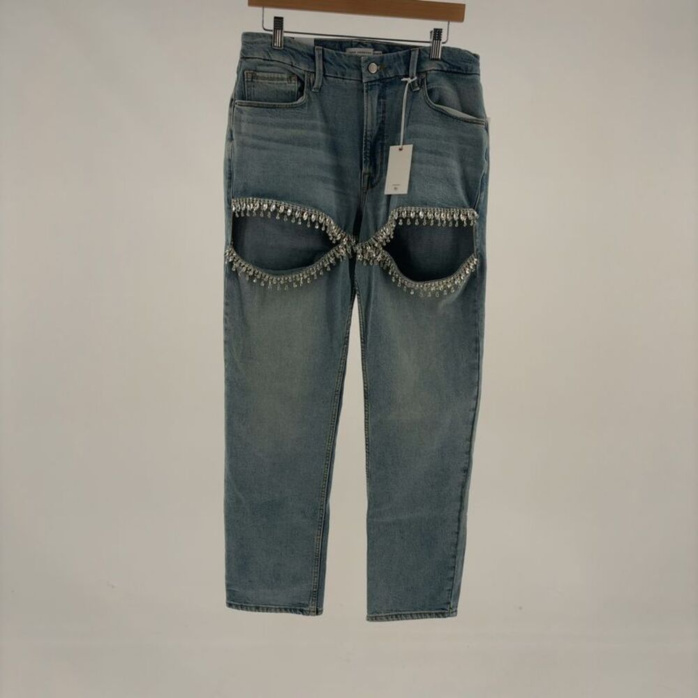 Good American Icon Straight Light Blue Straight Leg Jeans with Crystal
